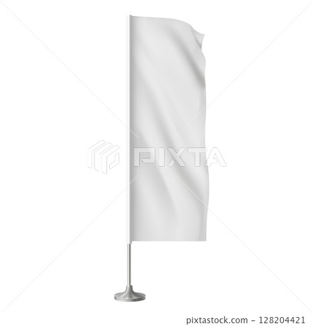 Textile 3d stand for advertising banner. Mockup of waving white flag on a stand, vertical. 128204421