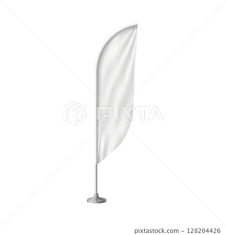 3d feather flag. Empty textile banner mockup, white on a stand, with folds. 128204426