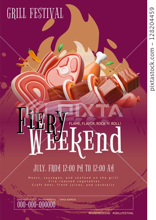 Grill festival 3D cartoon vector poster design, Fiery weekend invitation, realistic BBQ barbecue, roast meat, steak 128204459