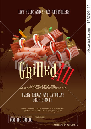 Grilled all party invitation 3D cartoon vector advertising promotion poster design, realistic BBQ barbecue roast meat 128204461