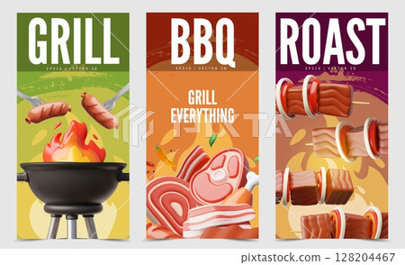 Grill, BBQ, Roast 3D cartoon vector posters design set, realistic barbecue cooking pan with fire, meat, steak, sausages Grill, BBQ, Roast 3D cartoon vector posters design set, realistic barbecue cooking pan with fire, meat, steak, sausages 128204467