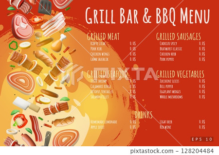 Grill bar and BBQ menu 3D cartoon vector poster design, BBQ barbecue menu, meat and sausages, picnic event invitation 128204484