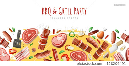 BBQ and grill party invitation 3D cartoon vector seamless border design, realistic barbecue meat, ribs, sausages 128204491
