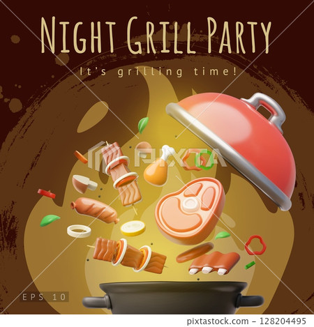 Night grill party invitation 3D cartoon vector poster design, BBQ barbecue menu, meat pork ribs, chicken legs, sausages Night grill party invitation 3D cartoon vector poster design, BBQ barbecue menu, meat pork ribs, chicken legs, sausages 128204495
