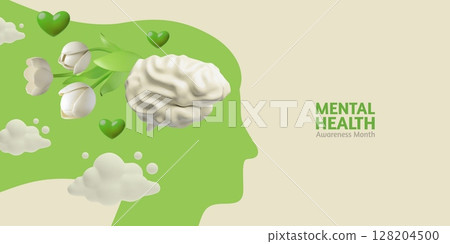 Mental health, self care love, psychology therapy, growing flowers from a brain, Awareness month 3D vector banner design 128204500