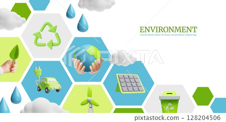 Environment, green ecological energy 3D cartoon vector banner design, solar panel, electric car, windmill, recycle sign 128204506