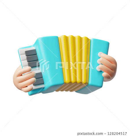 Harmonic in hand 3D cartoon plastic style vector illustration, accordion wind instrument for melodies performances 128204517