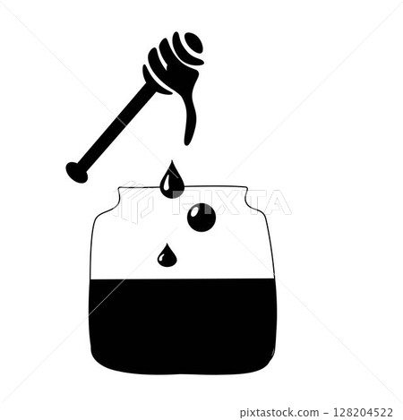 Jar of honey and honey dipper composition. Vector graphic line illustration. Perfect for product design, web, textile, wallpaper, wrapping paper logo, web, package, sticker. Jar of honey and honey dipper composition. Vector graphic line illustration. Perfect for product design, web, textile, wallpaper, wrapping paper logo, web, package, sticker. 128204522