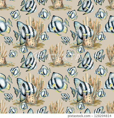 Seamless pattern of watercolor tropical black-white striped fish, beige coral sea sponges in natural colors on cream background for sea design, bedding, blanket, wallpaper, packaging, diving crafts Seamless pattern of watercolor tropical black-white striped fish, beige coral sea sponges in natural colors on cream background for sea design, bedding, blanket, wallpaper, packaging, diving crafts 128204814
