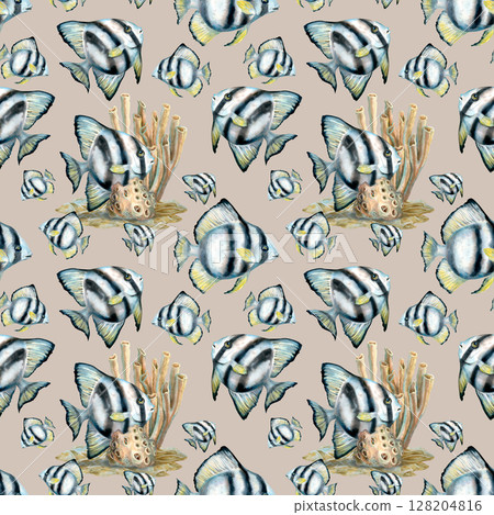 Seamless pattern of watercolor tropical black-white striped fish, beige coral sea sponges in natural colors on cream background for sea design, bedding, blanket, wallpaper, packaging, diving crafts Seamless pattern of watercolor tropical black-white striped fish, beige coral sea sponges in natural colors on cream background for sea design, bedding, blanket, wallpaper, packaging, diving crafts 128204816