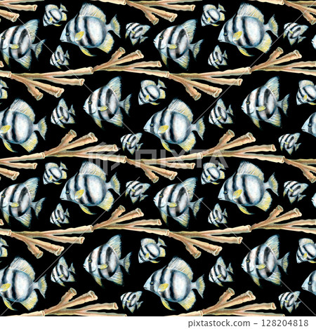 Seamless pattern of watercolor tropical black-white striped fish, beige coral sea sponges in natural colors on black background for sea design, bedding, blanket, wallpaper, packaging, diving crafts Seamless pattern of watercolor tropical black-white striped fish, beige coral sea sponges in natural colors on black background for sea design, bedding, blanket, wallpaper, packaging, diving crafts 128204818