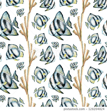 Seamless pattern of watercolor tropical black-white striped fish, beige coral sea sponges in natural colors on white background for sea design, bedding, blanket, wallpaper, packaging, diving crafts 128204824