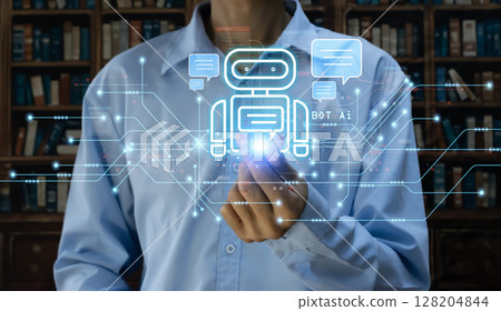 User concept using intelligent robot ai system. Chat with artificial intelligence. AI develops and creates future technology robots in the online world. Industry 5.0 128204844