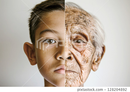 Split screen comparison of elderly and young asian man, concept of aging Split screen comparison of elderly and young asian man, concept of aging 128204892