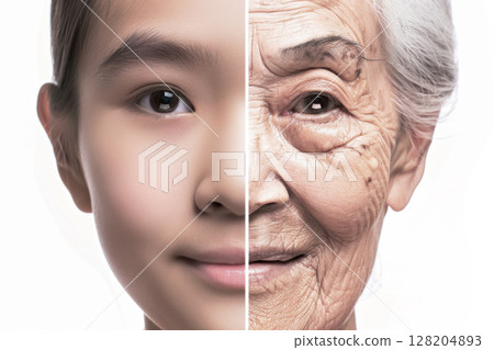 Split screen comparison of elderly and young Asian Korean woman, concept of aging Split screen comparison of elderly and young Asian Korean woman, concept of aging 128204893