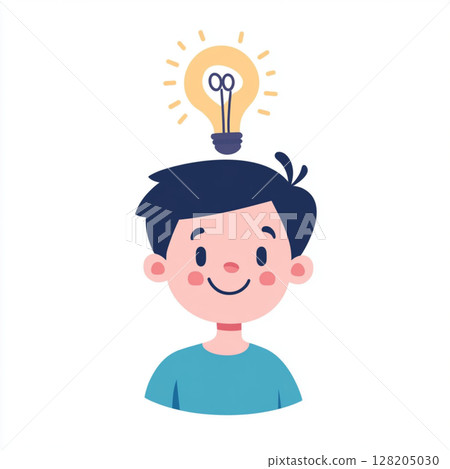 Cartoon Kid with Lightbulb Over Head Bright Idea Concept Cartoon Kid with Lightbulb Over Head Bright Idea Concept 128205030