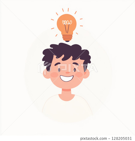 Cartoon Kid with Lightbulb Over Head  Bright Idea Concept 128205031