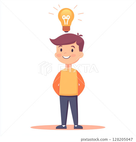 Cartoon Kid with Lightbulb Over Head  Bright Idea Concept 128205047