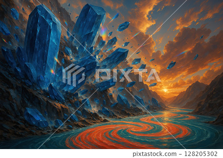 Mystical Crystal Shatter Over a Vibrant River Valley at Sunset 128205302