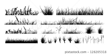Set of horizontal banners of meadow silhouettes with grass. hand drawn. Not AI, Vector illustration Set of horizontal banners of meadow silhouettes with grass. hand drawn. Not AI, Vector illustration 128205318