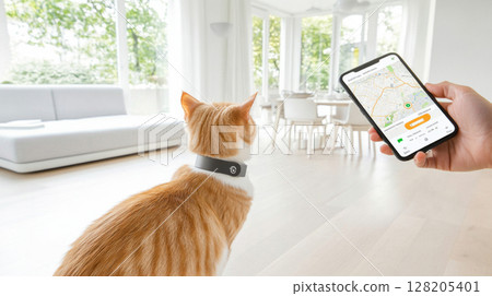 Cat wearing GPS collar in modern living room, showing phone app control 128205401