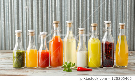 Variety glass bottles with homemade hot sauces and vinegar on rustic wooden surface Variety glass bottles with homemade hot sauces and vinegar on rustic wooden surface 128205405
