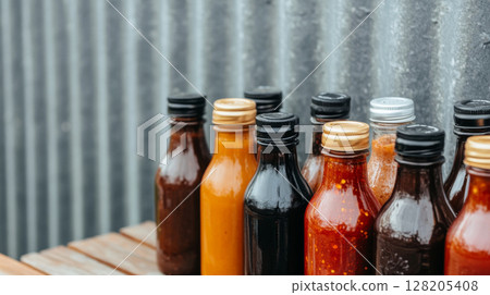 Variety of glass jars and bottles with colorful hot sauces on textured background Variety of glass jars and bottles with colorful hot sauces on textured background 128205408