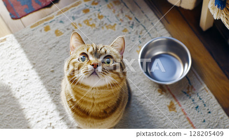 Cat looking at empty bowl on cozy bed, representing hunger concept Cat looking at empty bowl on cozy bed, representing hunger concept 128205409