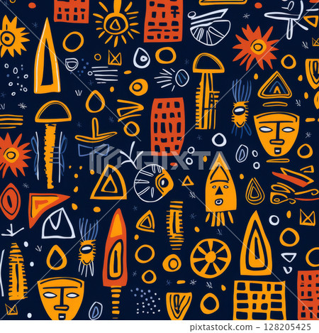 Vibrant and intricate traditional African pattern showcasing cultural elements 128205425