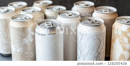 Close-up of multiple silver beer cans with blank surface as mockup, condensation, metallic texture, background 128205426