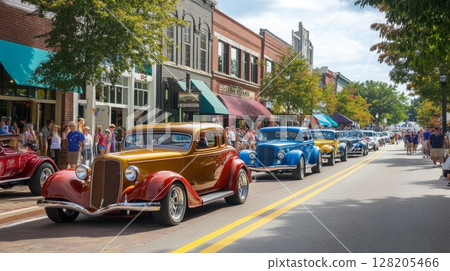 Vintage cars drive down a bustling downtown street lined with shops and spectators enjoying a summer festival. 128205466