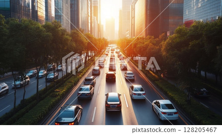 Cars travel along a busy city street as the sun sets behind towering skyscrapers, casting a warm glow. 128205467
