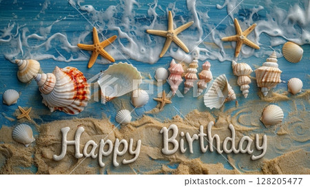 Colorful seashells and starfish decorate a sandy beach, complemented by ocean waves, as a festive birthday message is displayed. 128205477
