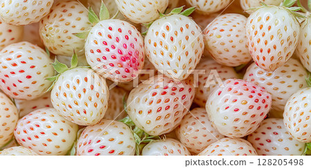 White pineberry strawberries , top view. Pineberry or Hula Berry a hybrid strawberry with a pineapple flavor white flesh and red seeds 128205498