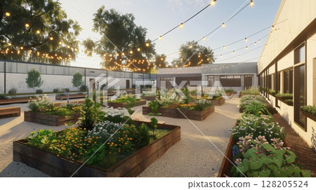 A vibrant community garden featuring raised planting beds, blooming flowers, and string lights illuminating the area at dusk. 128205524