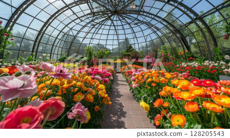 Vibrant flowers bloom in a lush glasshouse, showcasing a variety of colors and types during springtime. Vibrant flowers bloom in a lush glasshouse, showcasing a variety of colors and types during springtime. 128205543