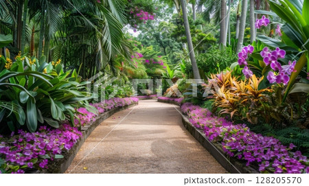 A beautiful pathway meanders through a vibrant tropical garden filled with lush greenery and blooming flowers. 128205570