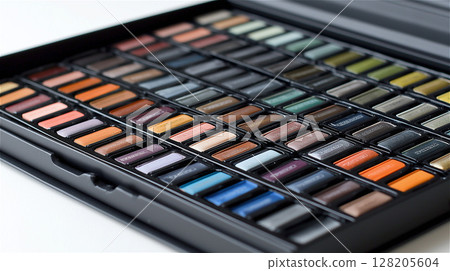Multicolored solid paint palettes neatly arranged in a black case, art and creative tools 128205604