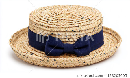 A straw hat accented with a navy blue ribbon, a perfect item for summer fashion and sun protection 128205605