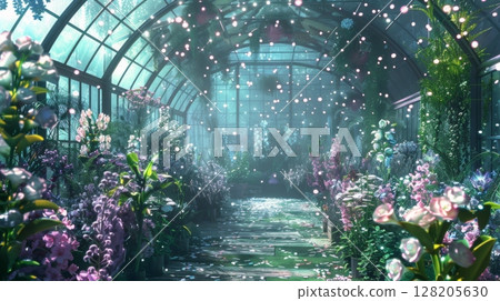 A vibrant greenhouse filled with colorful flowers, illuminated by soft sunlight, creating a serene atmosphere. 128205630