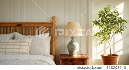 Cozy bedroom interior featuring wooden bed, soft linens, lamp, and potted plant with natural light 128205640