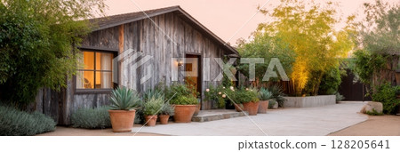 Rustic wooden house surrounded by lush greenery and vibrant plants in a serene outdoor setting 128205641