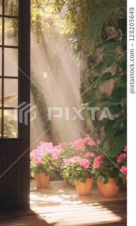 Bright indoor garden with vibrant pink flowers and sunlight streaming through the window 128205649