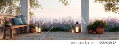 Serene outdoor patio with wooden bench, potted plants, and lanterns surrounded by blooming lavender 128205652