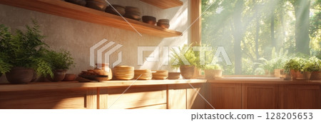 Cozy kitchen interior with wooden shelves, plants, and sunlight streaming through the window 128205653