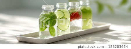 Refreshing infused water bottles with mint, cucumber, and berries on a light tray 128205654