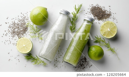 Fresh green smoothies in glass bottles with lime and chia seeds on a light background 128205664