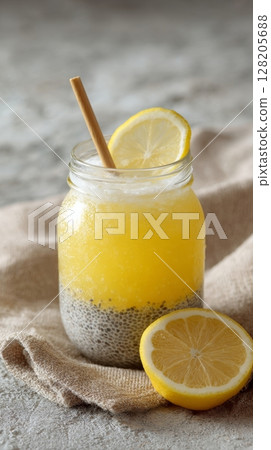 Refreshing citrus drink with chia seeds in a glass jar on a textured surface 128205688