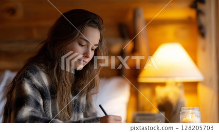 Young woman in cozy sweater is writing in a notebook by warm lamp light, creating a serene atmosphere in a rustic cabin setting Young woman in cozy sweater is writing in a notebook by warm lamp light, creating a serene atmosphere in a rustic cabin setting 128205703