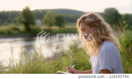 Young woman with curly hair is writing in a notebook by a serene riverbank surrounded by lush greenery, capturing a moment of inspiration and tranquility 128205704